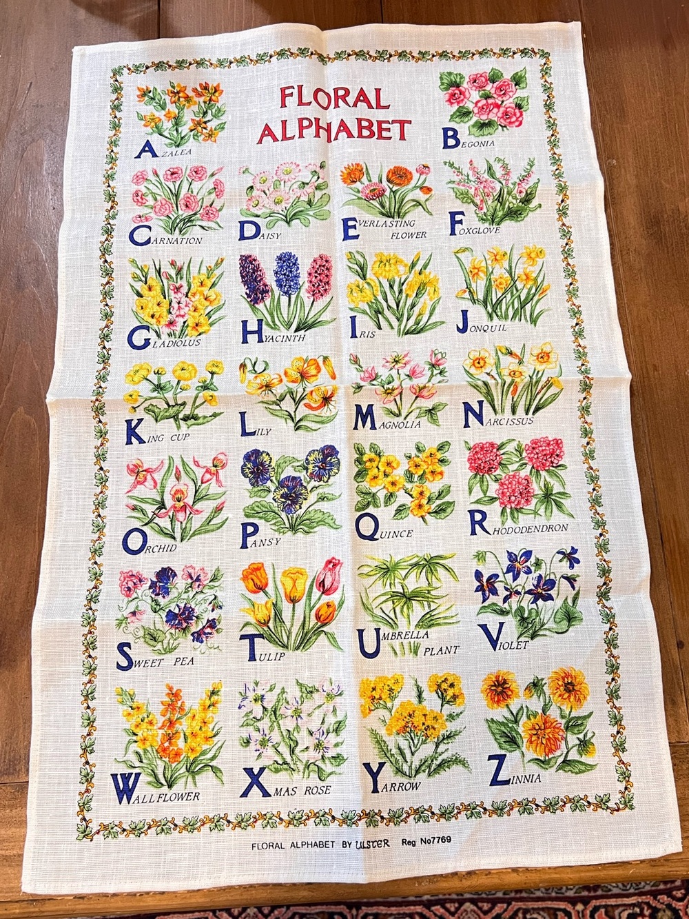 Ulster Weavers 100% Linen Tea Towel Flowers Floral Alphabet 18.5”x 29.25” NWOT